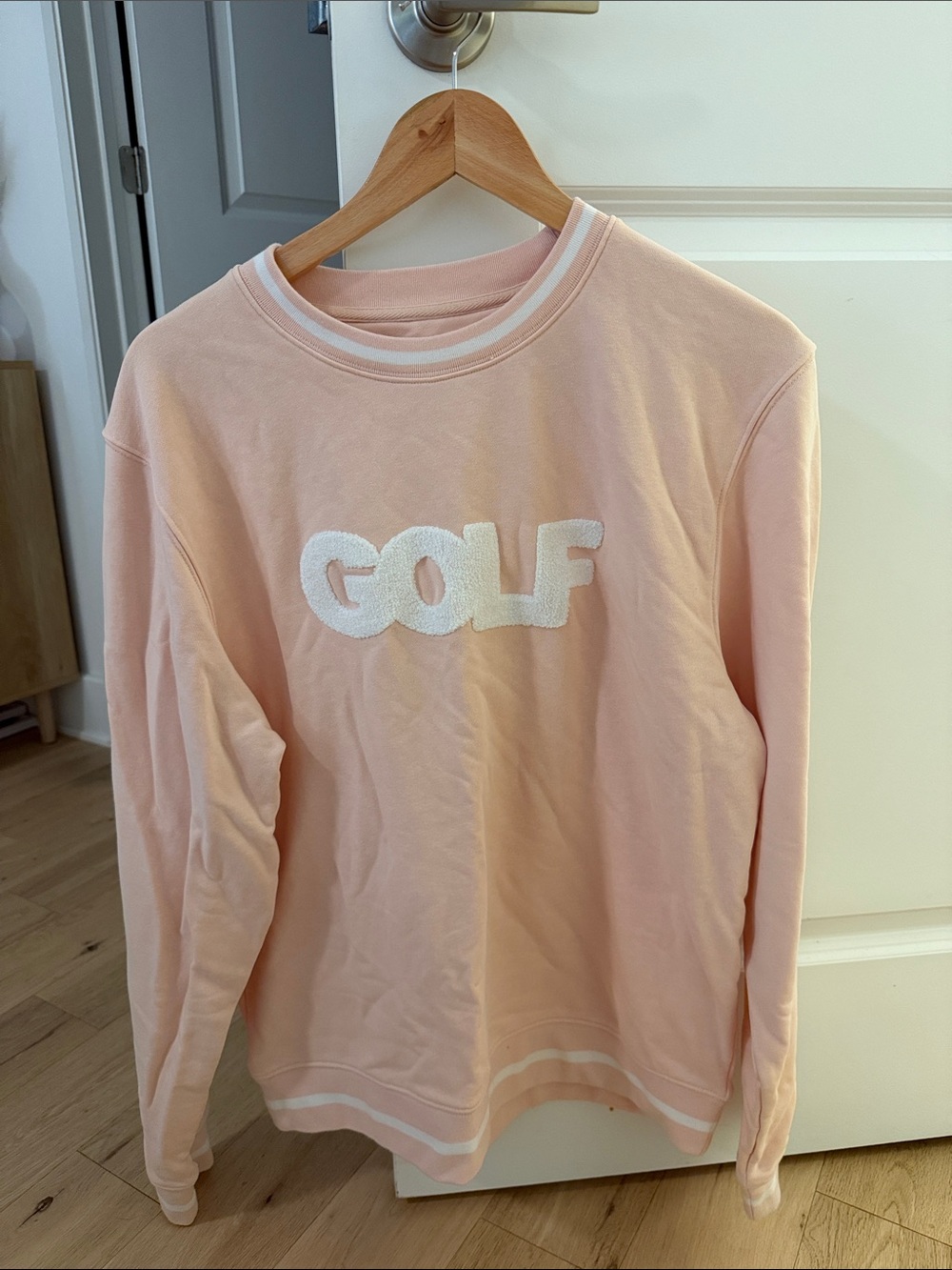 Light Pink Crewneck Sweater with White Chenille Logo